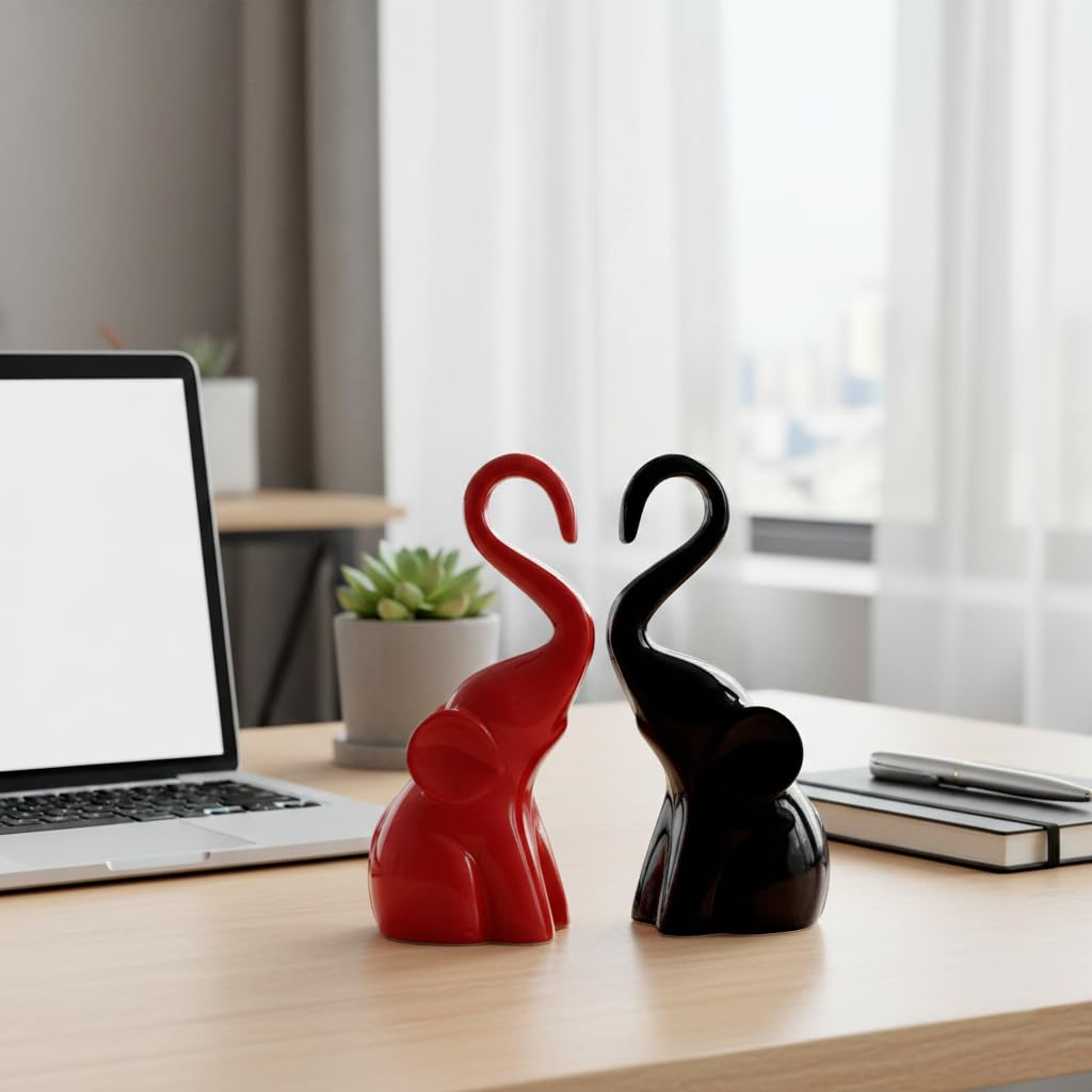 CraftVatika Home Décor Elephant Couple Showpiece Statue for Good Luck Fengshui, Decorative Items Figurine for Home Decoration Living Room Bedroom Housewarming Wedding Gift (Set of 2, Red & Black)