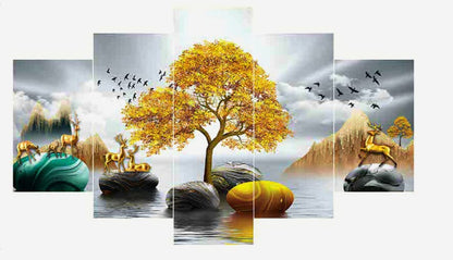 perpetual Tree of Life | Painting for Wall Decoration | 3D Wall Scenery for Living Room |Scenery for Wall With Frames set of 5 (75x43 Cm) D3(Multi)