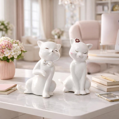 Charming Ceramic Cat Couple Figurines for Home Décor | Minimalist Cute Showpieces for Living Room, Bedroom, Shelf & Gifting (White, 14 cm, Set of 2)