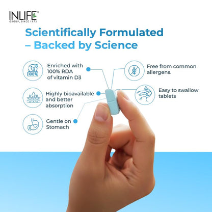 INLIFE Calcium and Vitamin D3 Tablets for Men Women | Calcium Carbonate Supplement for Bone and Joint Support - 60 Tablets (Pack of 1)