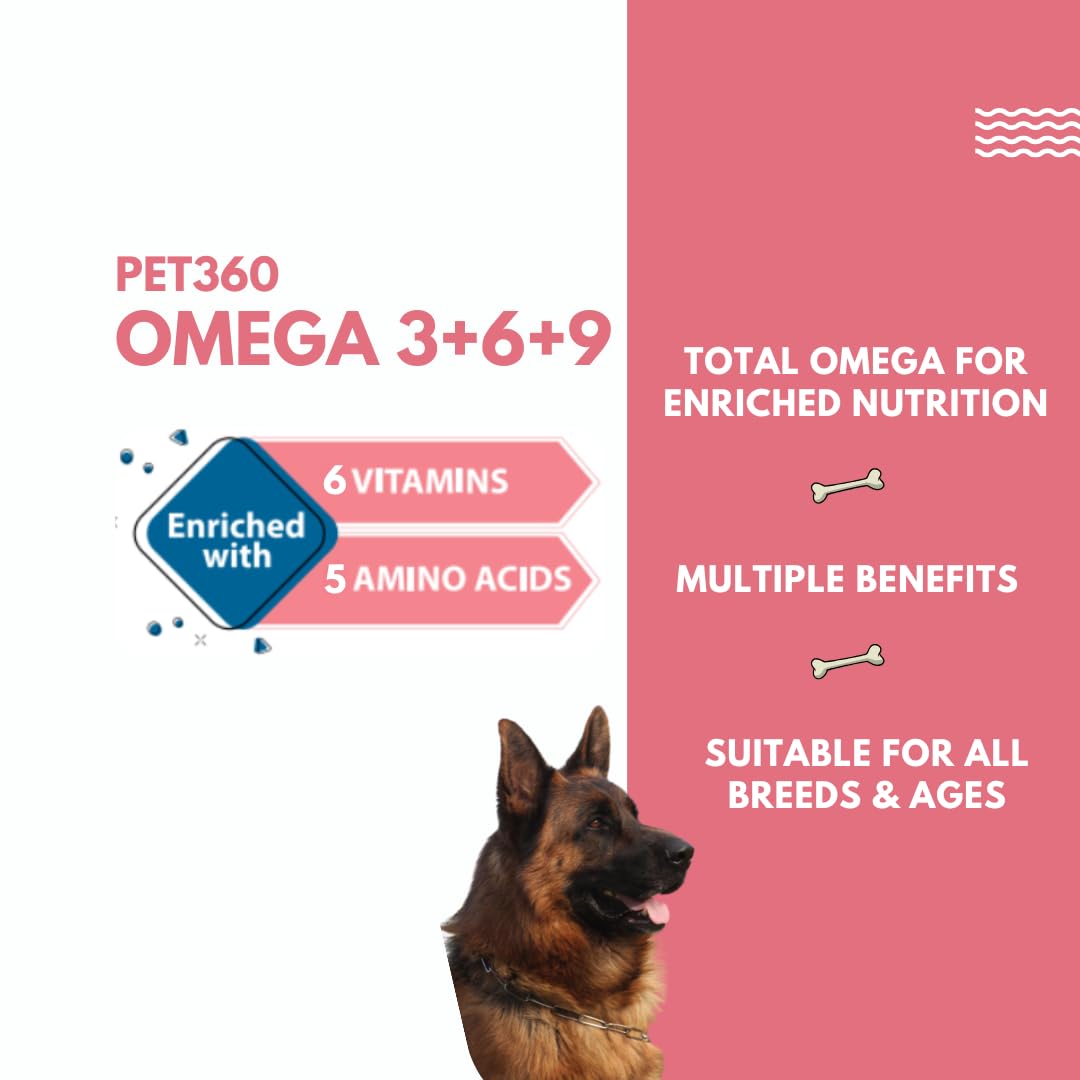 PET360 Omega 3+6+9 for Dogs | Blend of Salmon & Flax Seed Oils with Fur & Coat Protectives | Reduced Shedding | Shiny Coat | Healthy Joints | Nutritional Supplement for Pets - 200 ml