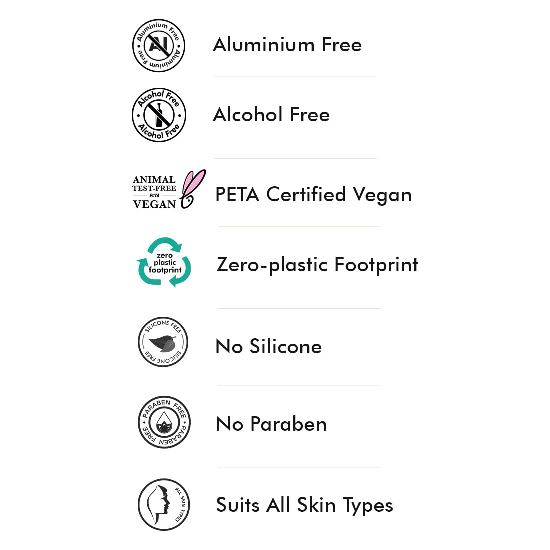 List of product certifications including aluminium free, alcohol free, PETA certified vegan, zero-plastic footprint, no silicone, no paraben, and suits all skin types on a white background.