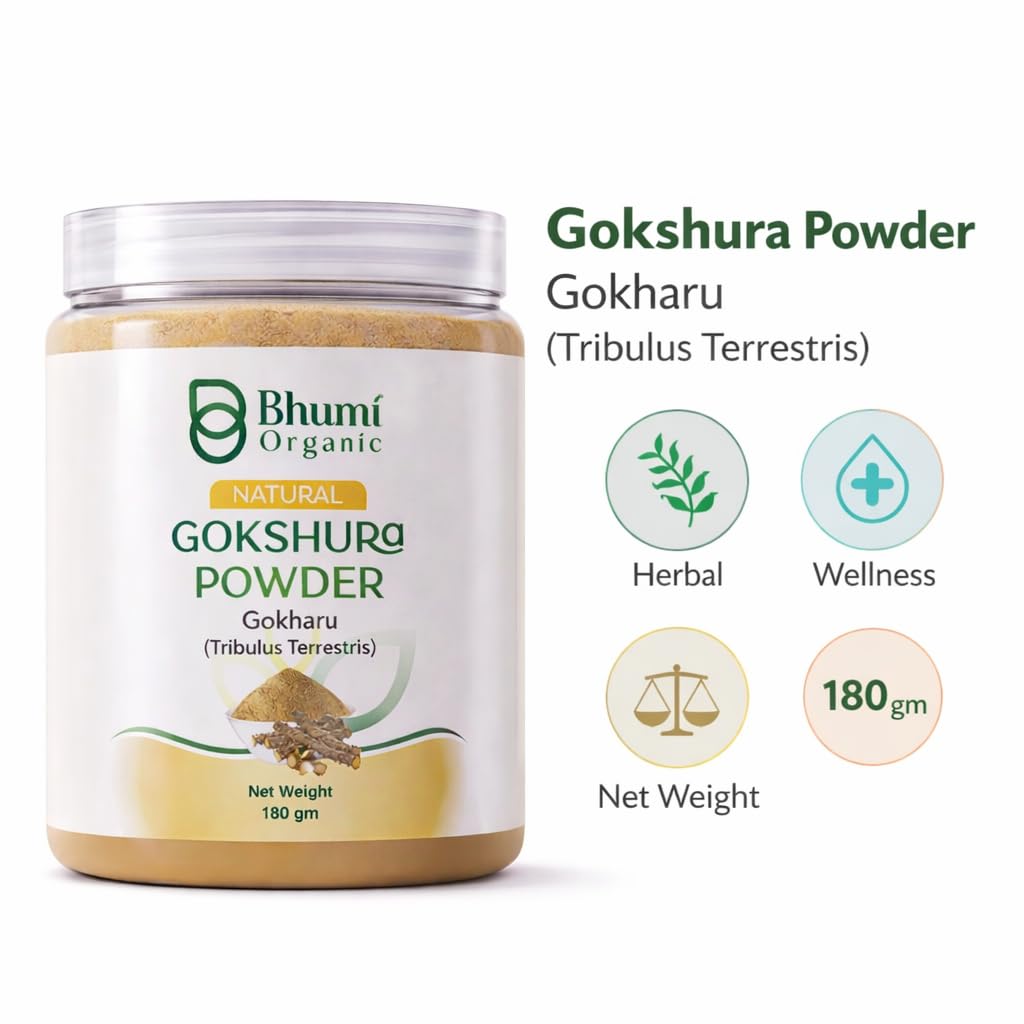 Bhumi Organic Gokshura Powder container with label and product details on a white background