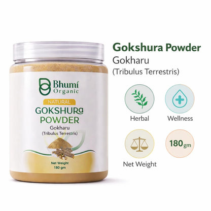 Bhumi Organic Gokshura Powder container with label and product details on a white background