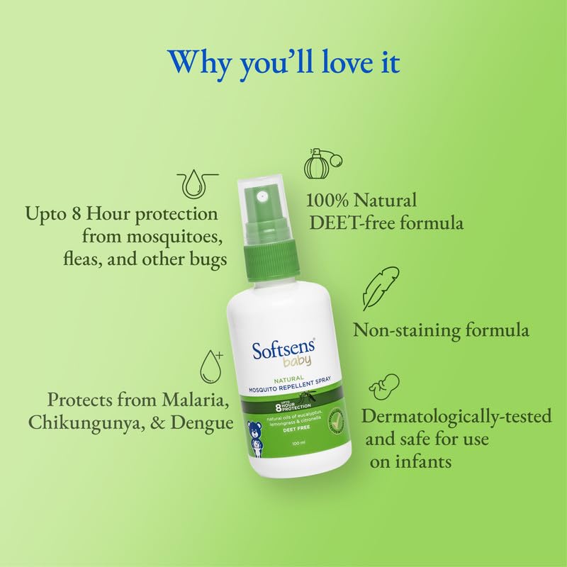 Softsens Baby Mosquito Repellent Spray 100ml – Natural Plant-Based Formula for up to 8-Hour Shield | DEET-Free & Non-Toxic Insect Repellent for Babies & Kids | Gentle on Sensitive Skin | Easy Spray Application & Travel-Friendly