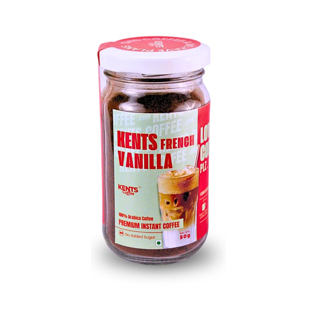Kents Coffee French Vanilla Instant Coffee | 100% Arabica | LOW ACIDIC COFFEE | Serve HOT & COLD | Smooth & Aromatic Vanilla Flavoured Instant Coffee Powder | Natural Vanilla Beans | Chikmagalur | Medium Roast | No SUGAR | No Artifical Flavour