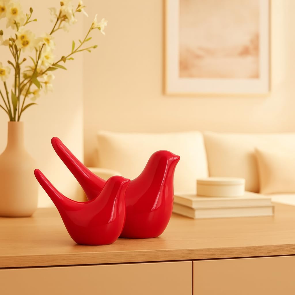 Creative Red Glossy Ceramic Birds Figurines Home Decorations Accessories Party (Pack of 2, RED)