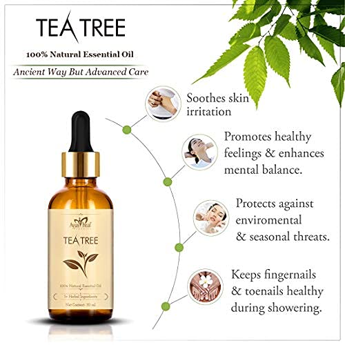 Tea tree essential oil bottle with dropper on a white background