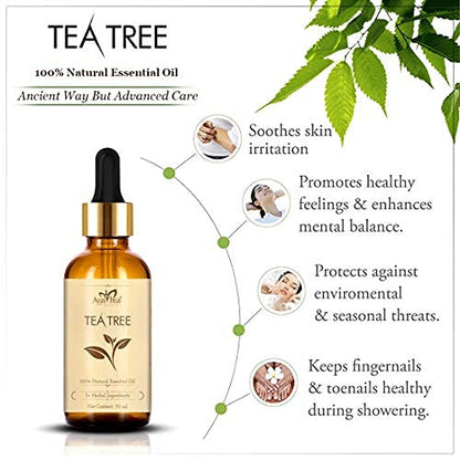 Tea tree essential oil bottle with dropper on a white background