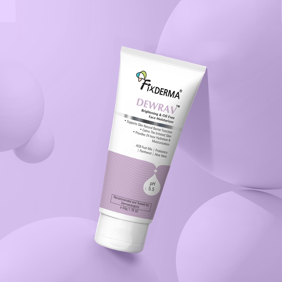 Fixderma Dewrav Brightening & Oil-Free Face Moisturizer with Panthenol & ACB Fruit Mix | 24-Hour Hydration | Dermatologist Recommended for Women & Men - 50g