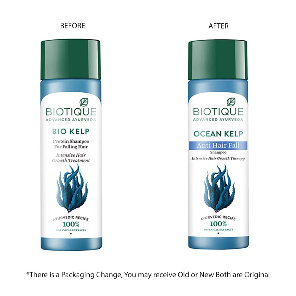 Biotique Bio Kelp and Ocean Kelp shampoo bottles with 'Before' and 'After' labels on a white background.