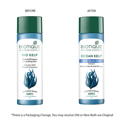 Biotique Bio Kelp and Ocean Kelp shampoo bottles with 'Before' and 'After' labels on a white background.