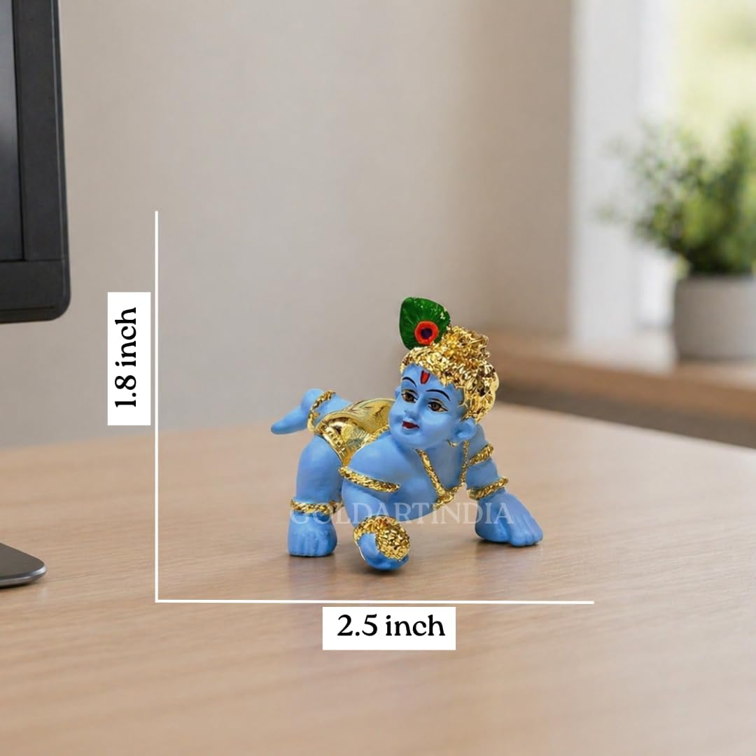 Gold Art India 24K Gold Plated Blue Terracotta Laddu Gopal Idol (2.5 Inch) with Premium Velvet Gift Box | Makhan Chor Bal Krishna Murti for Home Temple, Car Dashboard, Office Desk & Spiritual Gift