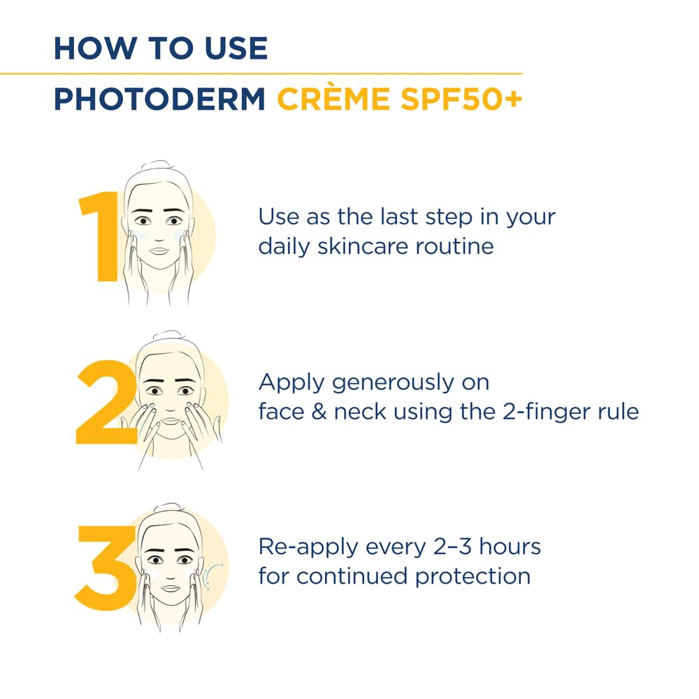 Instructions on how to use Photoderm Cèreme SPF50+ with illustrations and text.