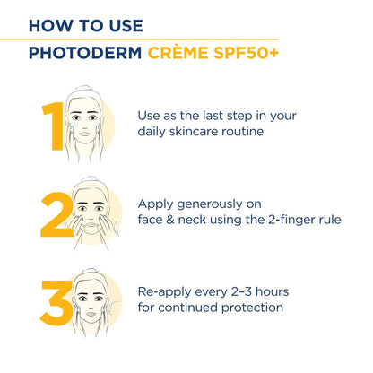 Instructions on how to use Photoderm Cèreme SPF50+ with illustrations and text.