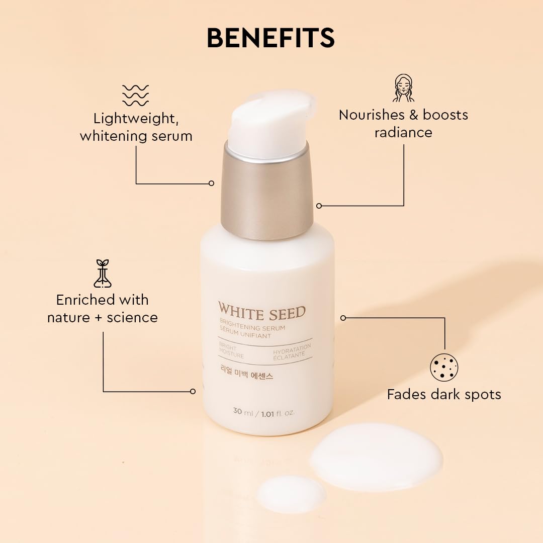 White seed serum bottle with benefits listed on a beige background