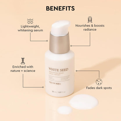 White seed serum bottle with benefits listed on a beige background
