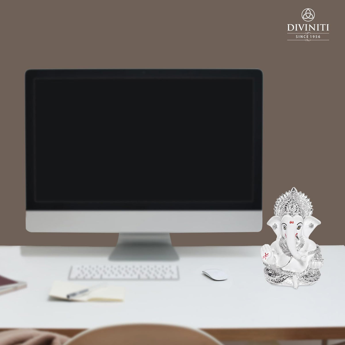 999 Silver Plated Resin Lord Ganesha Idol for Car Dashboard, Tabletop|Ganesh Statue for Good Luck and Success|Ganpati Murti for Home Decor Mandir, Office Desk Puja Gift White (8.4x4.2cm)