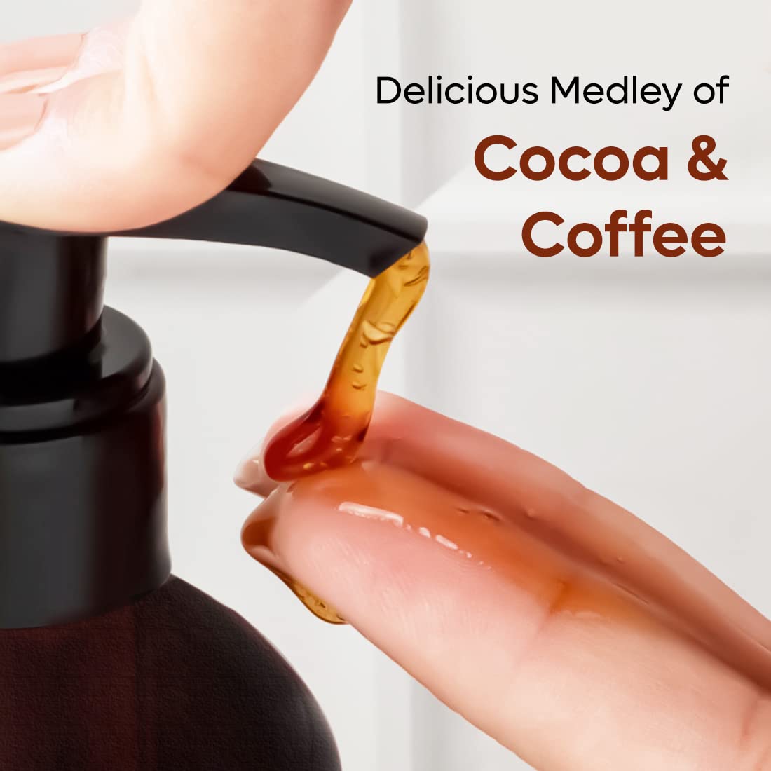 Hand holding a bottle with brown liquid, labeled 'Delicious Medley of Cocoa & Coffee'.