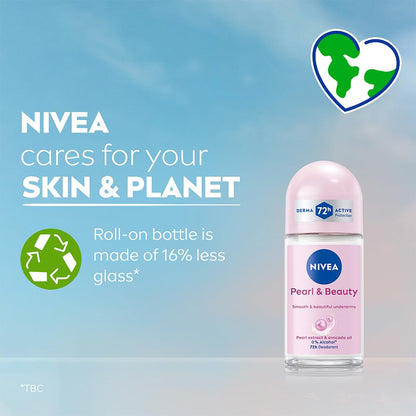 NIVEA Pearl and Beauty 50ml Deo Underarm Roll On | With Pearl Extracts & Avocado Oil | 72 H Long Lasting Floral Scent | 0% Alcohol and Dermat Approved | For Women