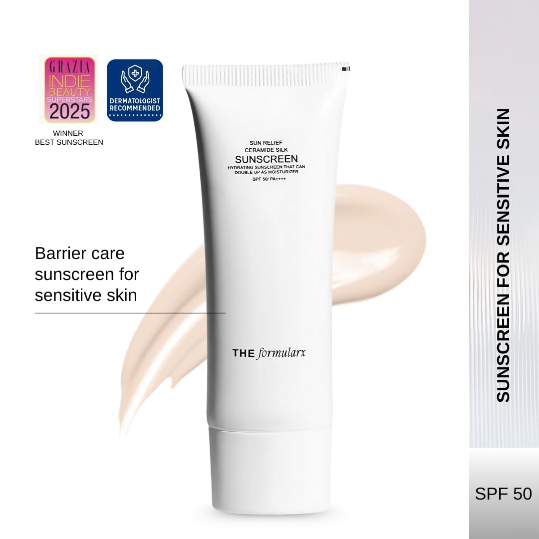 The Formularx Sun Relief Ceramide Sunscreen SPF 50 PA++++ | Broad Spectrum UV & Blue Light Protection | For Oily, Acne prone, Sensitive Skin | Brightening Barrier Care with Niacinamide, Hyaluronic acid, & Peptides | Lightweight, No White Cast | 50g
