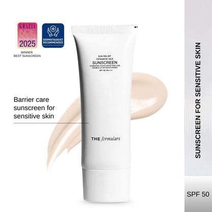 The Formularx Sun Relief Ceramide Sunscreen SPF 50 PA++++ | Broad Spectrum UV & Blue Light Protection | For Oily, Acne prone, Sensitive Skin | Brightening Barrier Care with Niacinamide, Hyaluronic acid, & Peptides | Lightweight, No White Cast | 50g