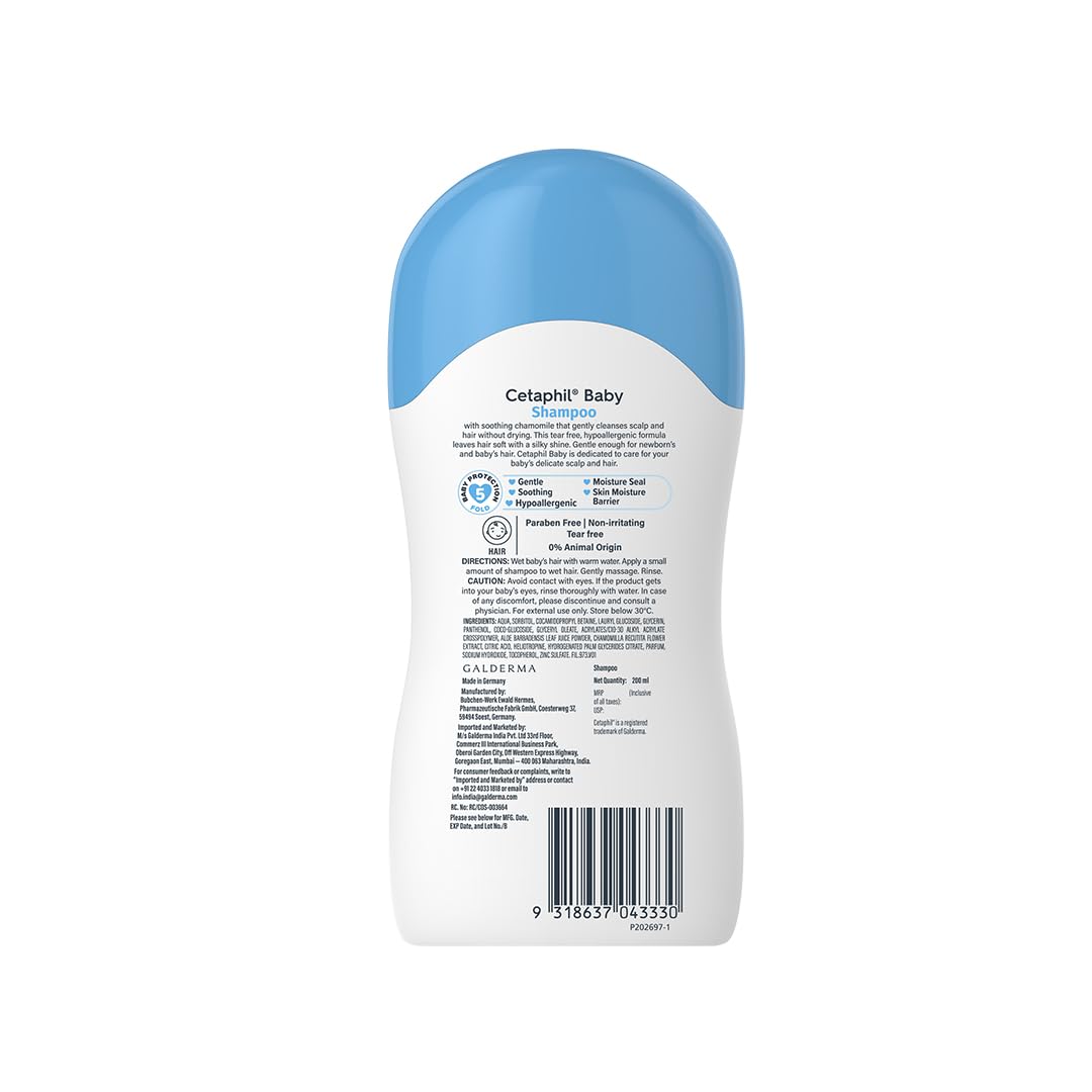 Cetaphil Baby Tear-Free Shampoo with Natural Chamomile & Aloe Vera 200 ml | Gentle Daily Cleanser for Newborns & Babies from Day 1 | pH Balanced, Hypoallergenic, Soap & Paraben Free