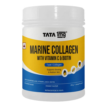 TATA 1mg Marine Collagen Powder | Fortified with Grape Seed Extract for Enhanced Results | Supports Skin, Hair & Nails | With Collagen Peptide for Hydration & Strength | Orange Flavour, 210g