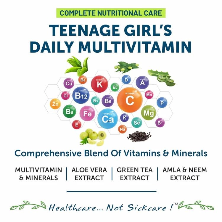 Bliss Welness Teenage Girl Multivitamin With Vitamin, Minerals, Calcium Magnesium Zinc, Aloe Vera Extract, Bamboo and Grapeseed Extract For Immunity, Hair Skin Nails, Bone & Joint Health - 60 Tablets