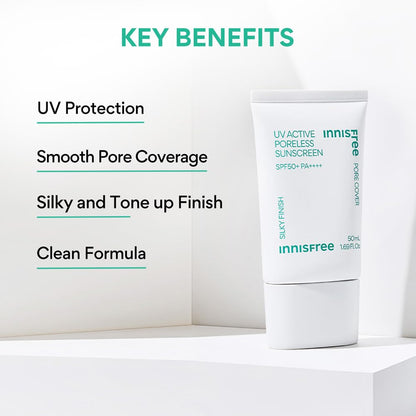 Innisfree UV Active Poreless Sunscreen SPF 50+ / PA++++ 1.7 fl oz, UV Protection, Pore Blurring, Korean Sunscreen