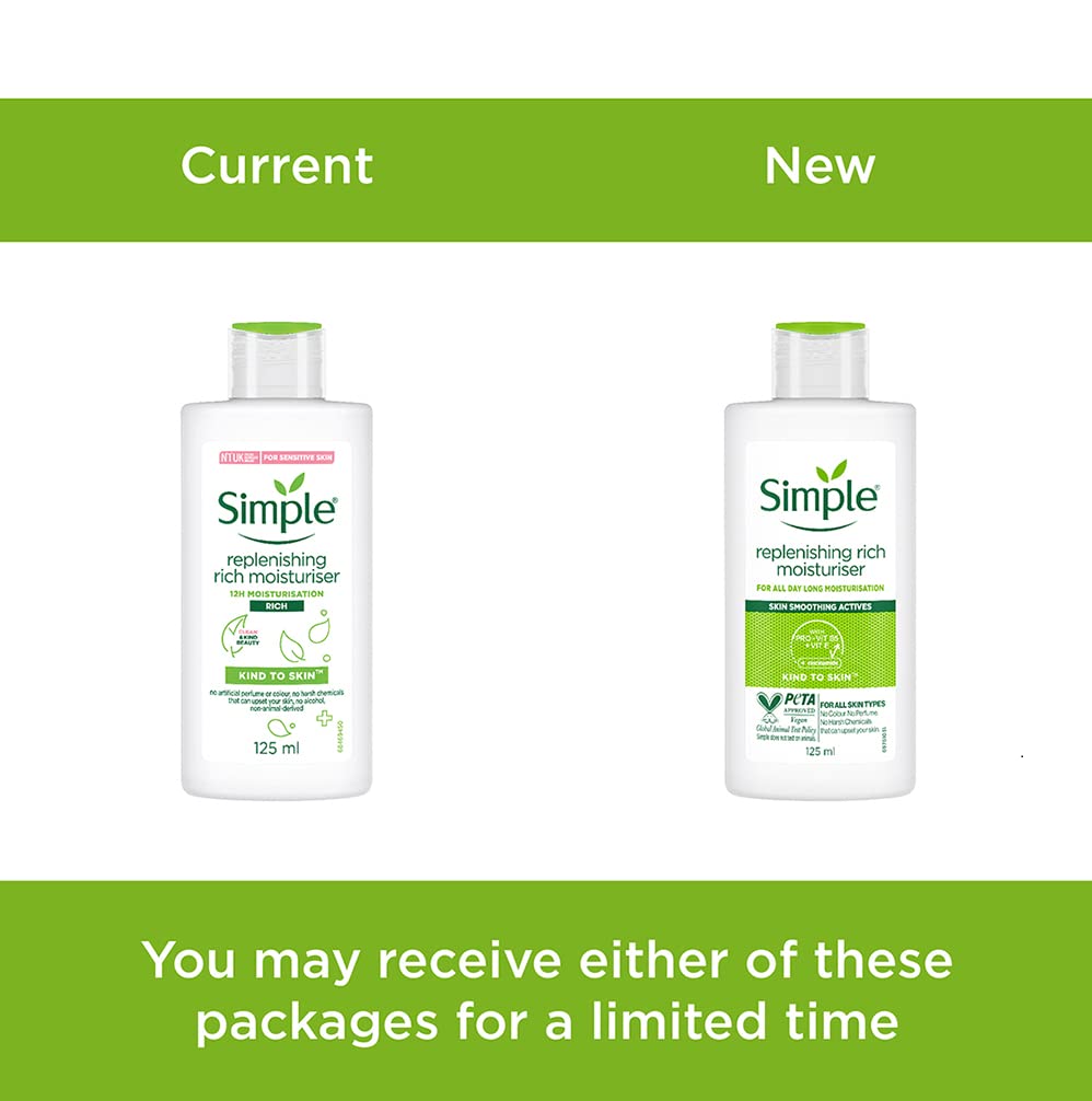 Two bottles of Simple moisturizer with a green banner above them.