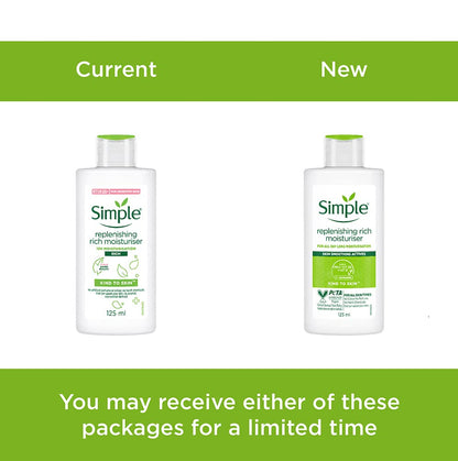 Two bottles of Simple moisturizer with a green banner above them.