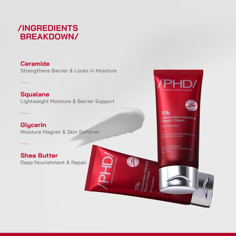 /PHD/ 1% Ceramides Intensive Repair Face Cream with 1% Squalane | For Very Dry, Irritated Facial Skin | Repairs Skin Barrier | Fragrance-Free | Deep Hydration & Soothing | 50g