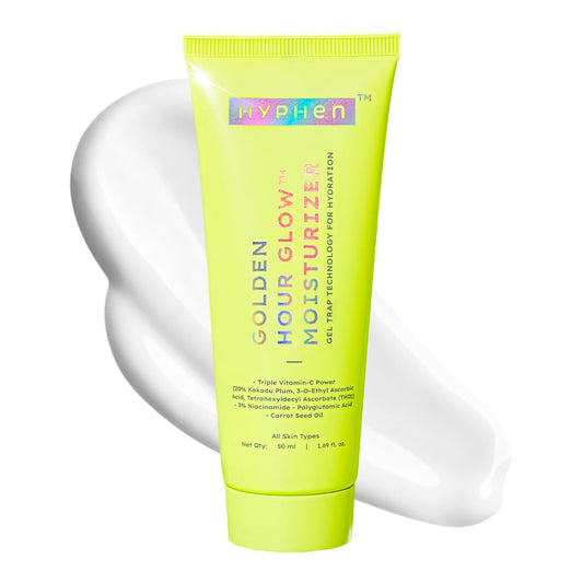 Myphen Golden Hour Glow moisturizer tube with a smear of cream on a white background