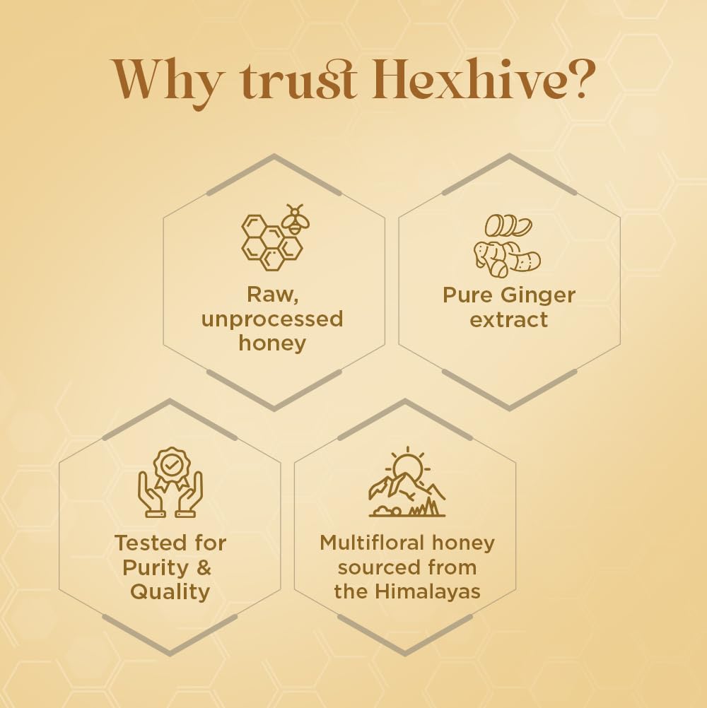 Hexhive product description with icons and text on a beige background