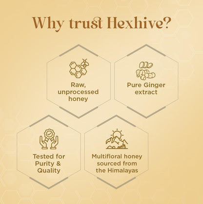 Hexhive product description with icons and text on a beige background