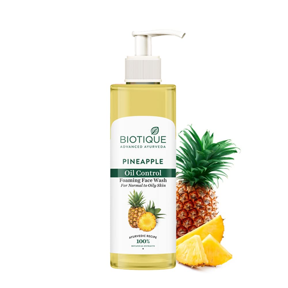 Biotique Pineapple Oil Control Foaming Face Wash bottle with pineapple graphics on a white background