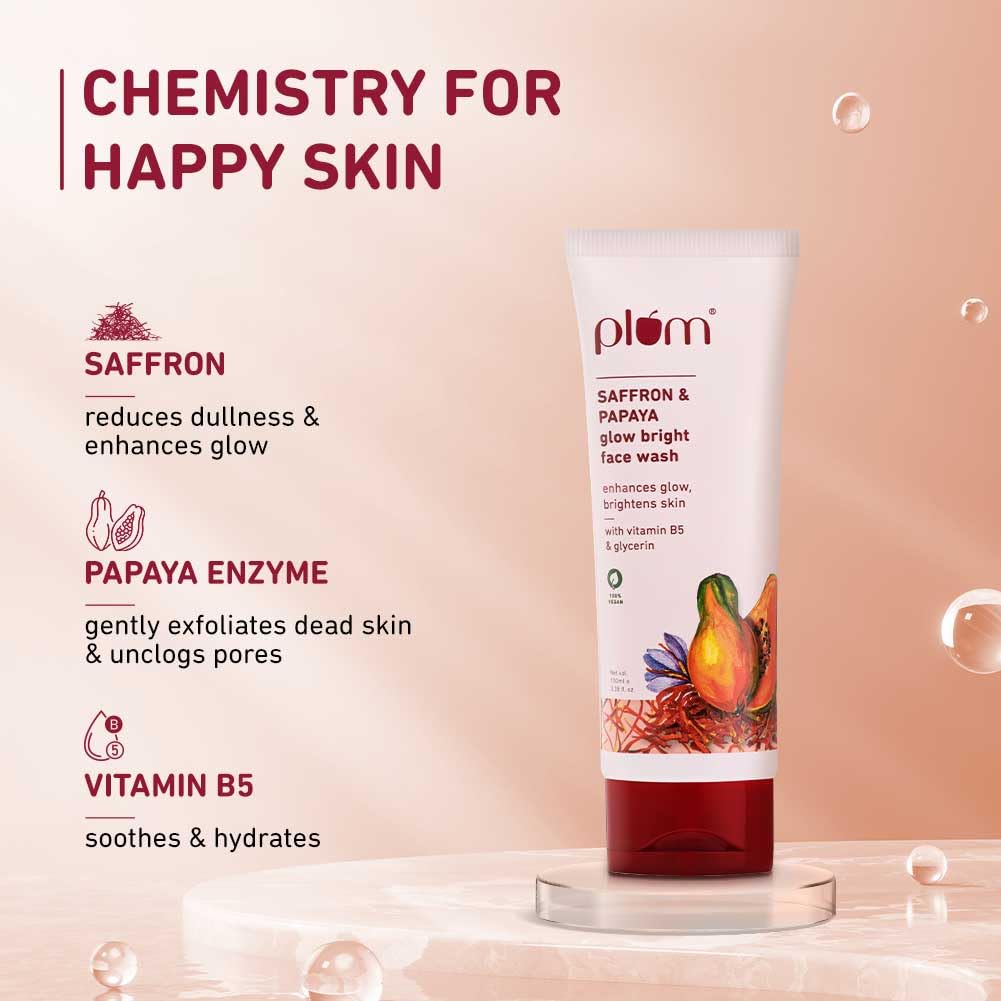 Plum Saffron & Papaya Glow Bright Face Wash with product details on a beige background