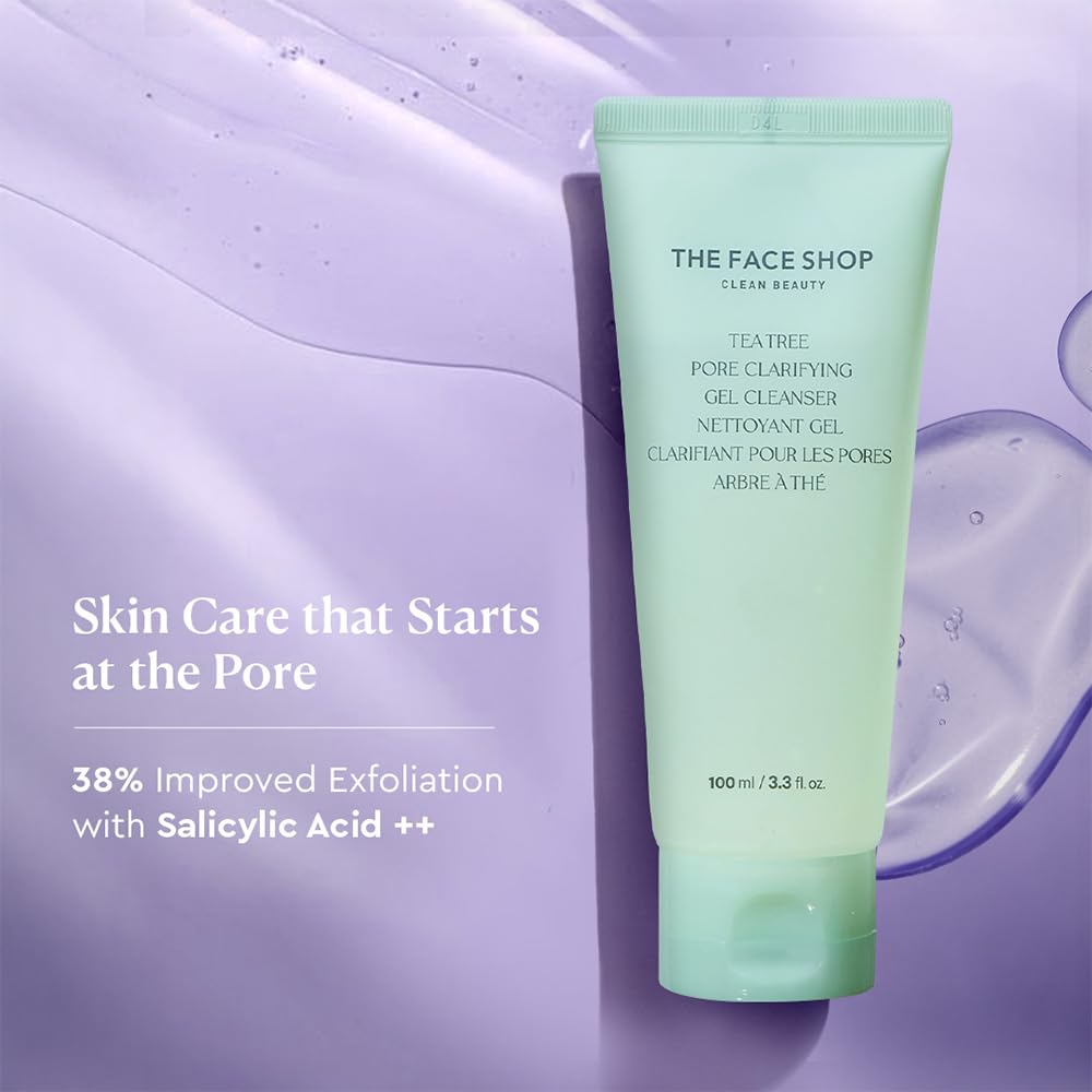 Green tube of The Face Shop cleanser on a purple background
