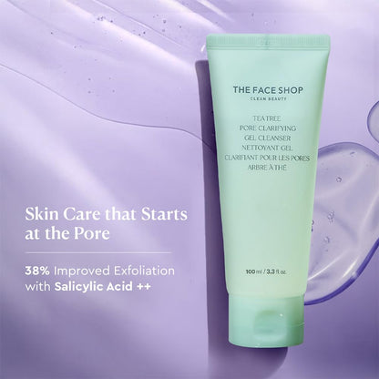 Green tube of The Face Shop cleanser on a purple background