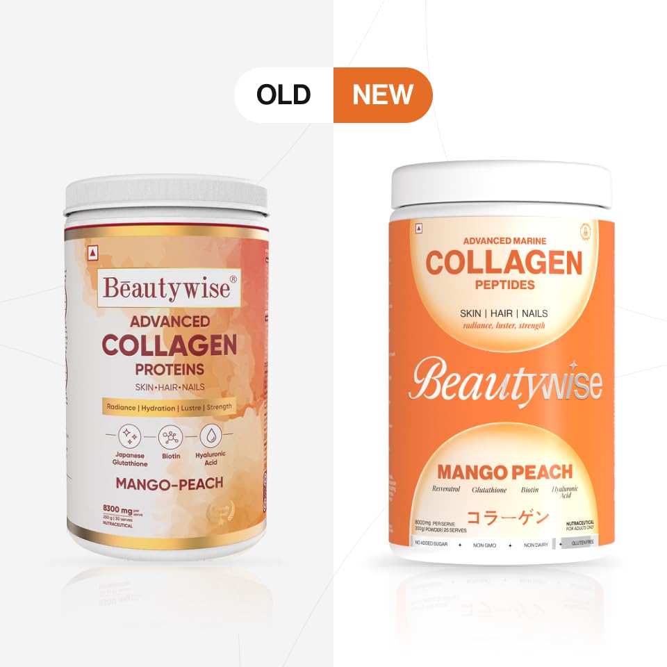 Two containers of Beautywise Advanced Collagen Proteins, one labeled 'Old' and the other 'New'.