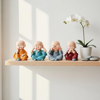 Buddha Monk Statues Set of 4 – Miniature Buddha Monk Statues for Home Decor and Gifts, Multicolour Resin Showpiece for Indoor | Cute Monk Figurines | Ideal Gift for Birthday