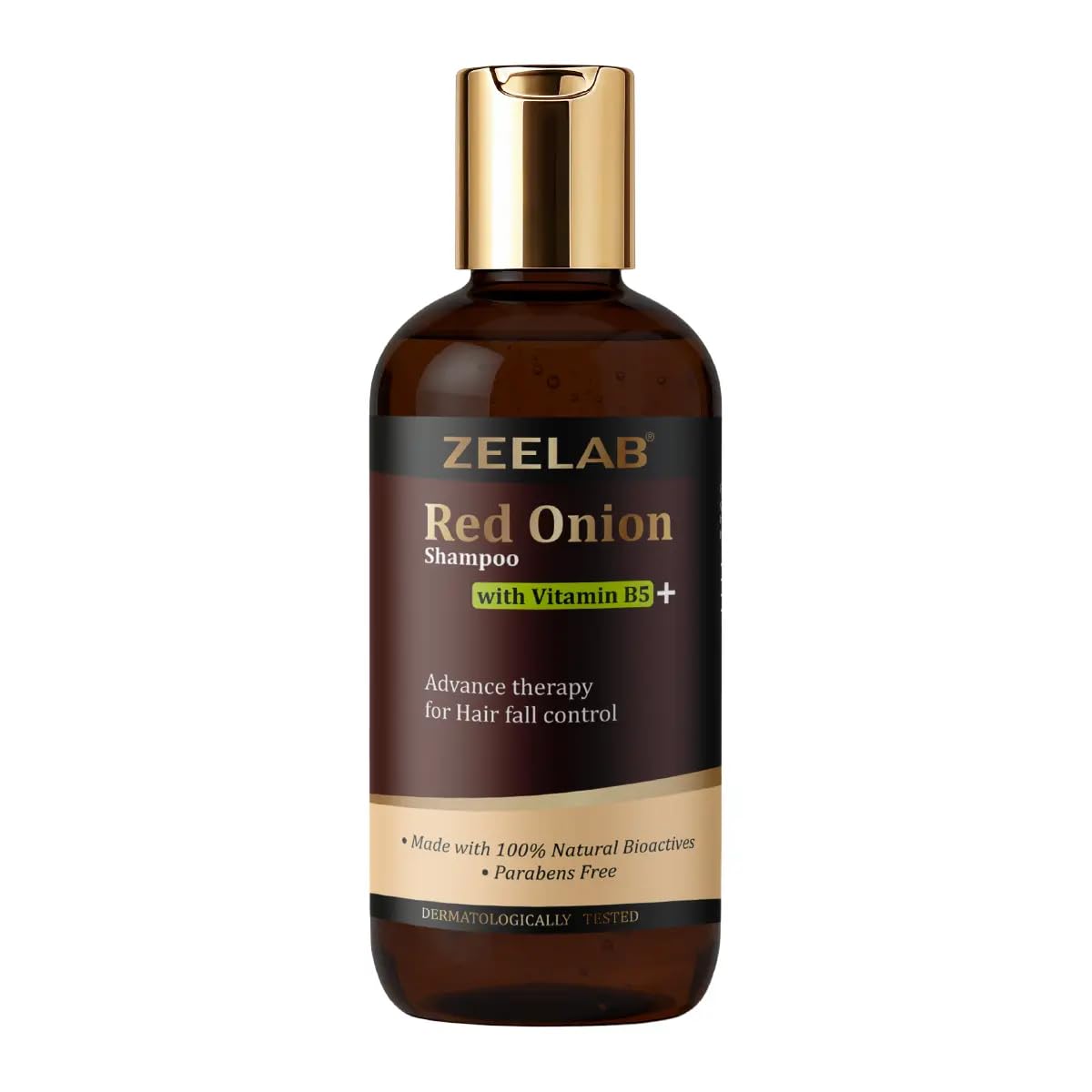 Zeelab Red Onion Shampoo bottle with gold cap on a white background