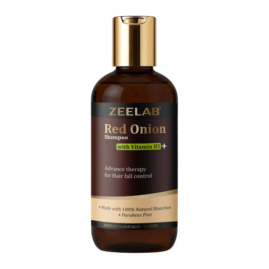 Zeelab Red Onion Shampoo bottle with gold cap on a white background