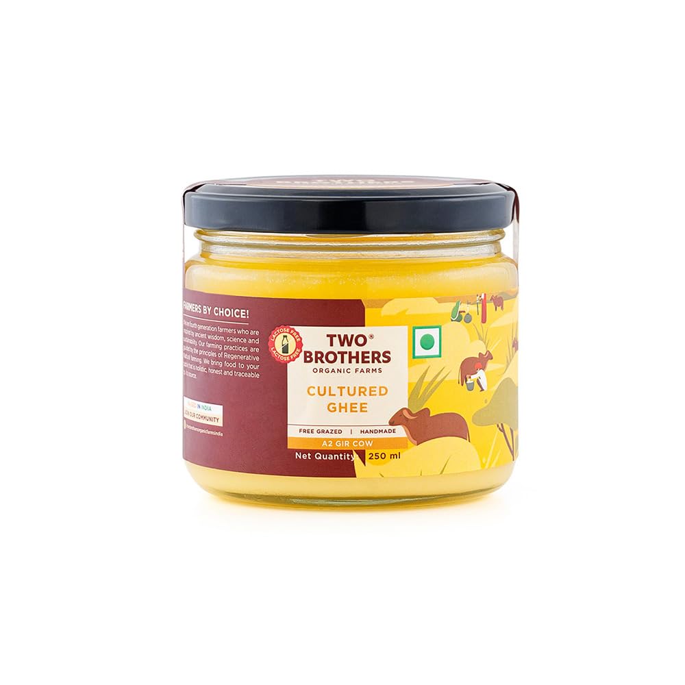 Two Brothers Organic Farms A2 Ghee |Free-grazed, Grass-fed Desi Gir Cows | Traditional Bilona Method | Pure, Natural and Healthy Ghee | Farm-Made A2 Cow Ghee with Probiotics for Gut Health