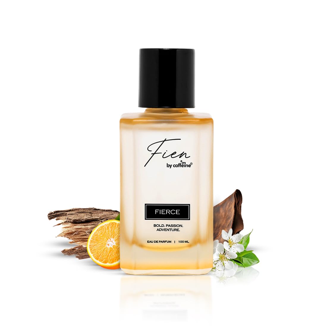 Perfume bottle labeled 'Fierce' by Fien on a white background with decorative elements.