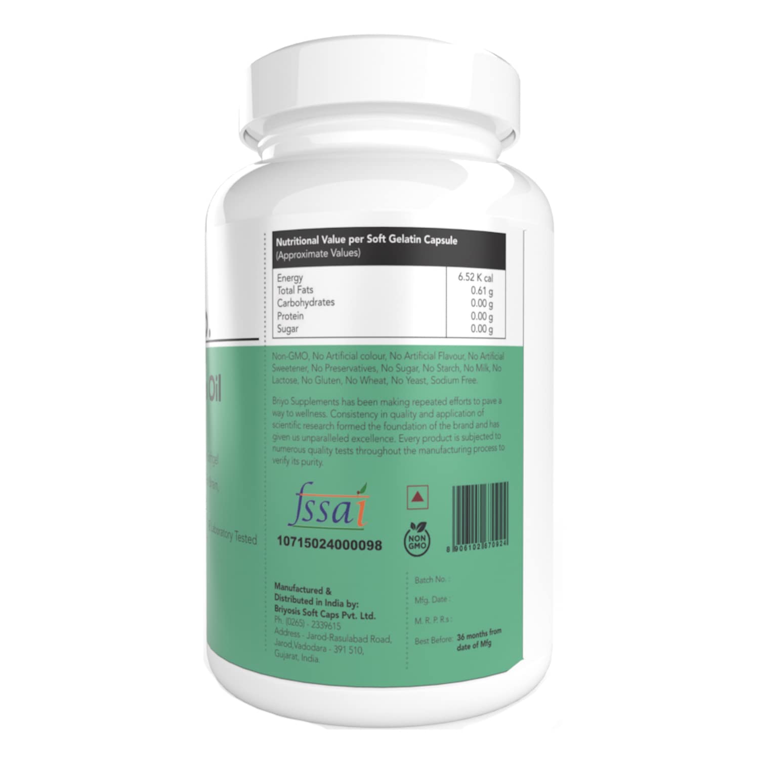 Supplement bottle with label showing nutritional information and branding on a white background