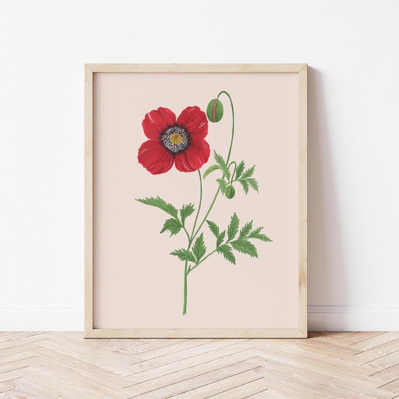 Poppy Botanical Wall Painting| Modern Art Painting for Living Room Bed Room and Office | 11 x 14 inches (Natural Frame)