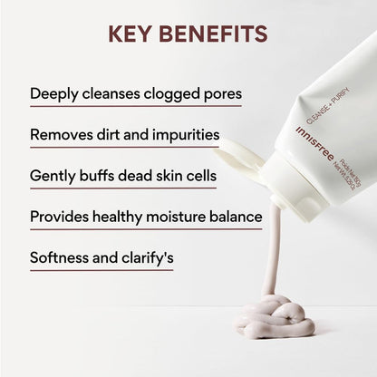 Innisfree cleansing pad with key benefits listed on a white background