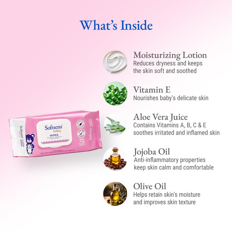 Softsens Baby Gentle Cloth Wipes for Baby Skin Enriched with Aloe Vera & Vitamin E I Dermatologically Tested & Parben Free with Lid - 72 wipes